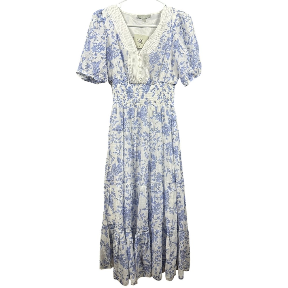 J GEE Blue Floral Toile Tiered Maxi Dress V-Neck Crochet Lace Smocked PS NEW